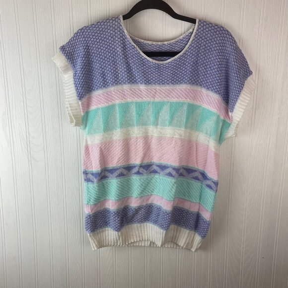 Vintage 90's Women's Short Sleeve Sweater Pastel Stripes - Picture 1 of 3